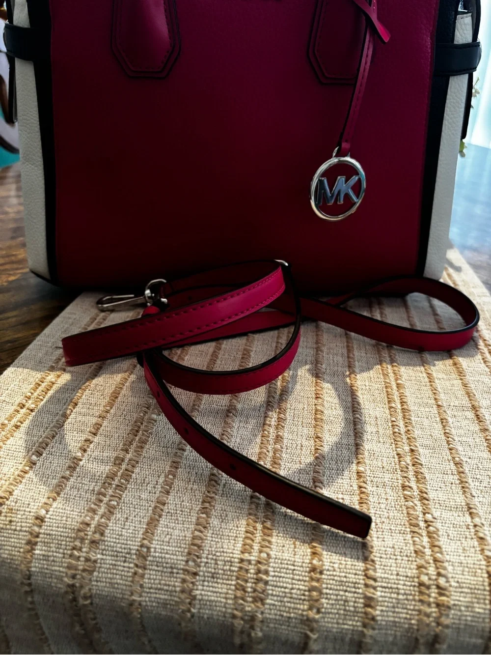 Michael Kors Red, White and Black Leather Satchel with MK Charm